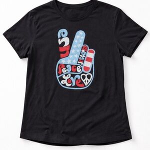 USA Peace Love Freedom Graphic Tee XL Patriotic Retro Festival Woman Shirt Black